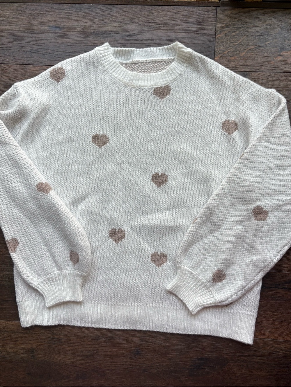 American Eagle Outfitters Cream Crewneck Sweater with Taupe Heart Accents